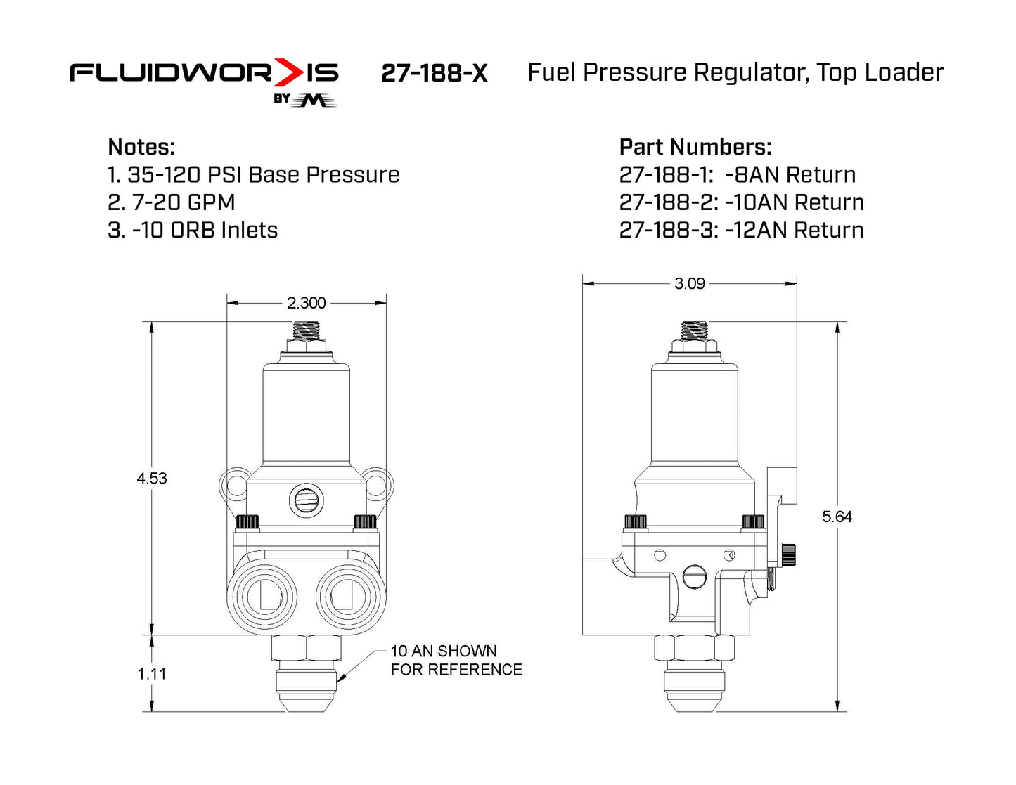 Fluidworks 7-20 GPM Fuel Pressure Regulator Front Loader - Motion Raceworks
