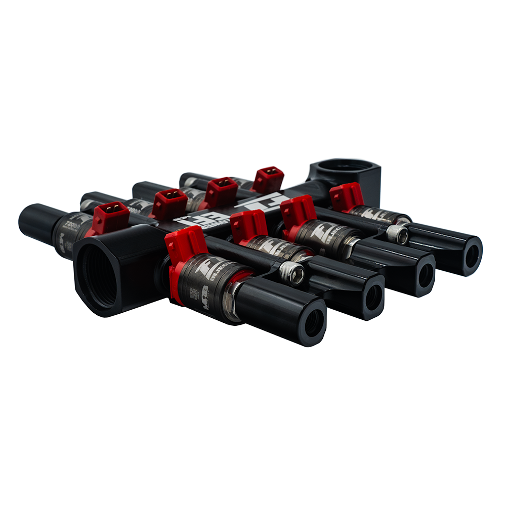 Fueltech's EFI Injector Manifold for Blowers shown with performance fuel injectors