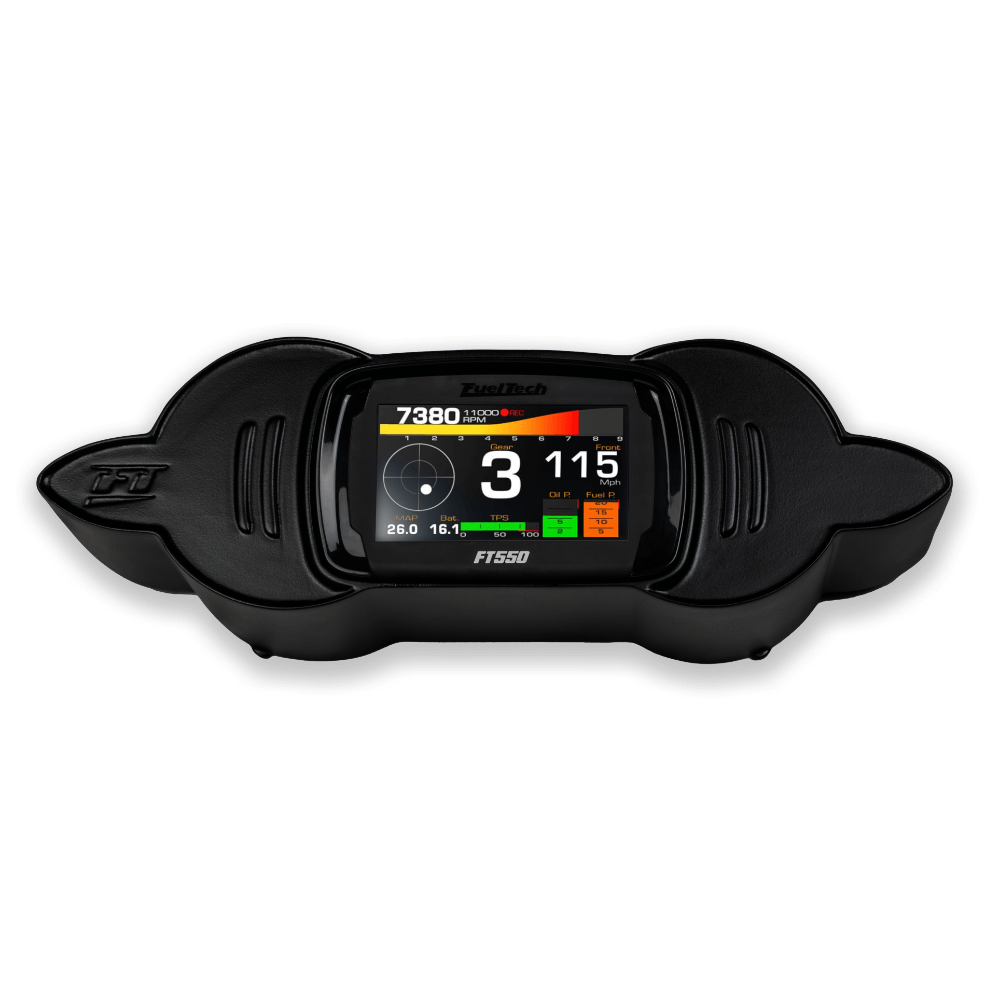 FuelTech FT550 ECU shown in dash mount designed for Yamaha FZR and FZS motorcycles.