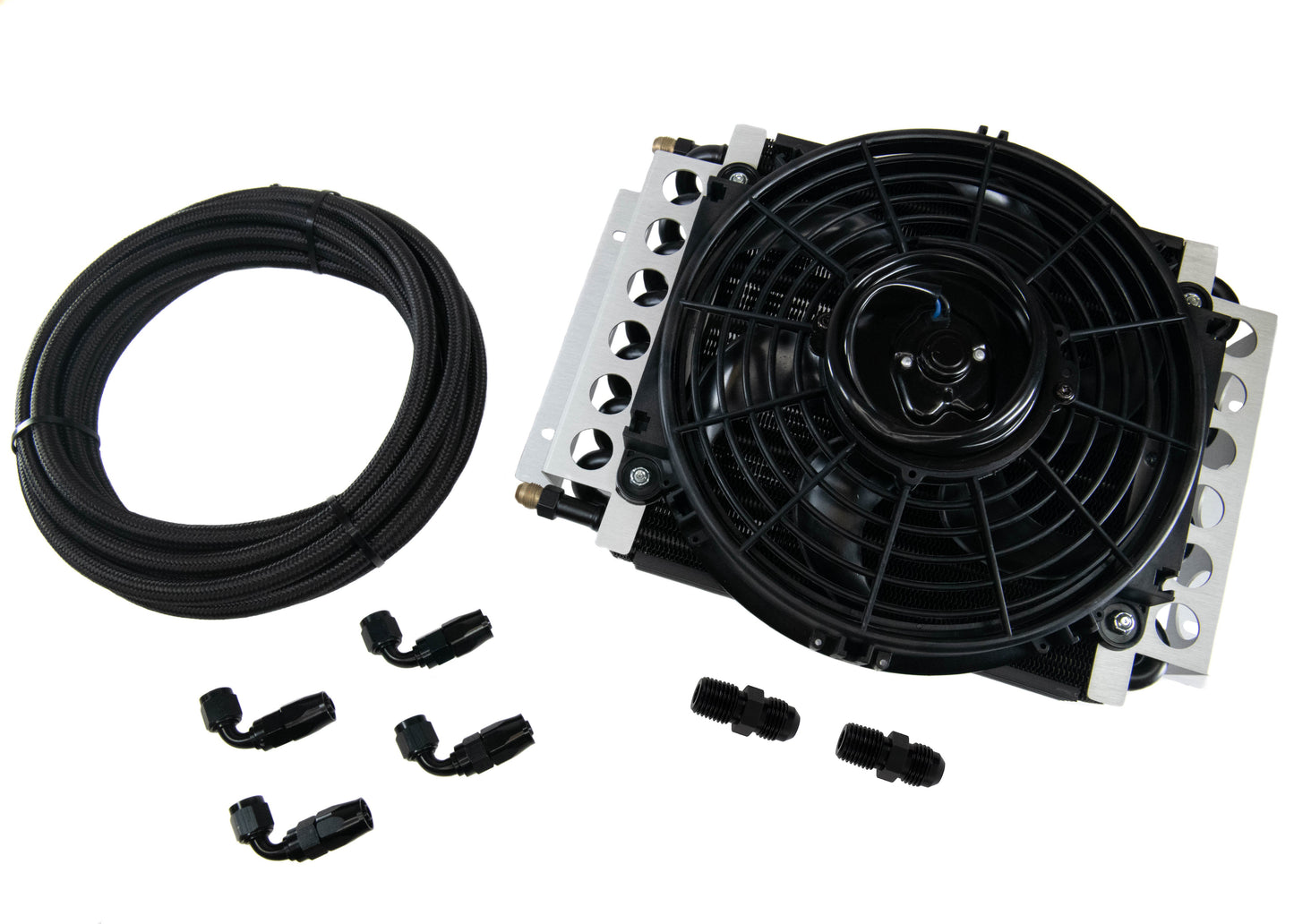 GM TH350, TH400, 700R4, 4L60E DERALE Trans Cooler Kit w/Fan & Fragola Lines/Fittings-Kit-Motion Raceworks