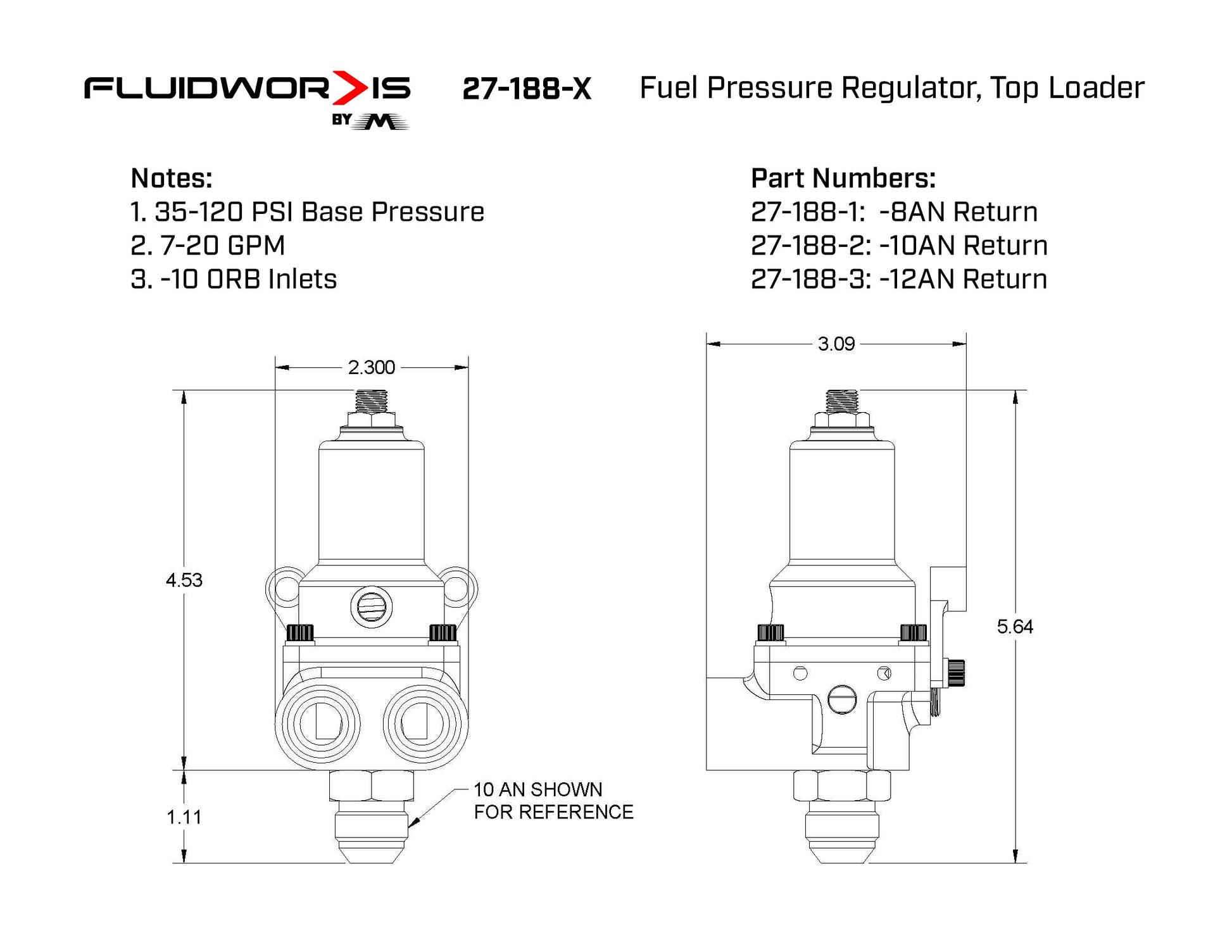 Fluidworks 7-20 GPM Fuel Pressure Regulator Front Loader - Motion Raceworks