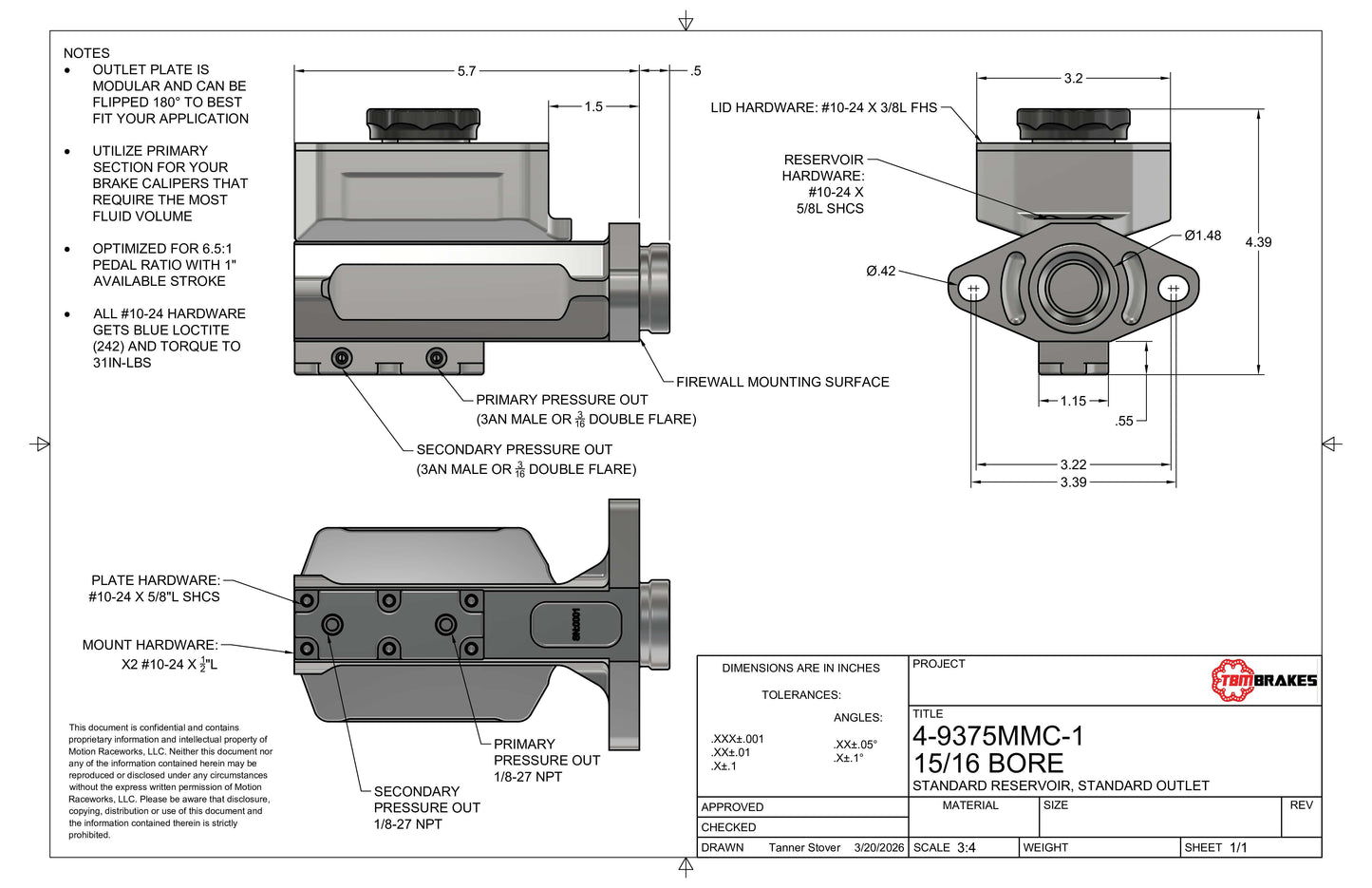 TBM Modular 15/16" Bore Billet Master Cylinder - Motion Raceworks