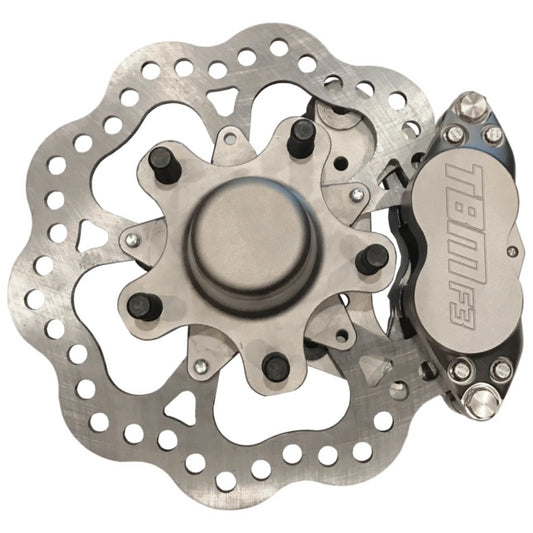 TRZ 326-MUS-31 (79-04 Mustang) 3" Drop Billet Spindle Medium Duty 4 Piston Front Brake Kit (5 on 4.75 Hubs) - Motion Raceworks