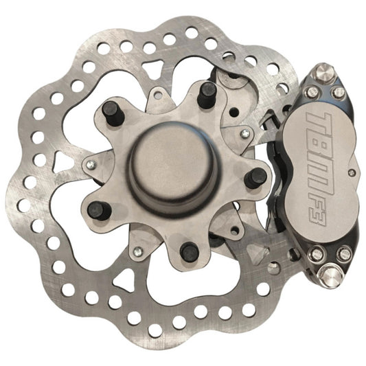 TRZ 326-2 (GM A/F/X Body) 2" Drop Billet Spindle Medium Duty 4 Piston Front Brake Kit - Motion Raceworks